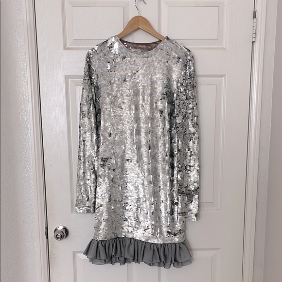 Vintage silver long sleeve ruffle hem dress M-L - Picture 1 of 11
